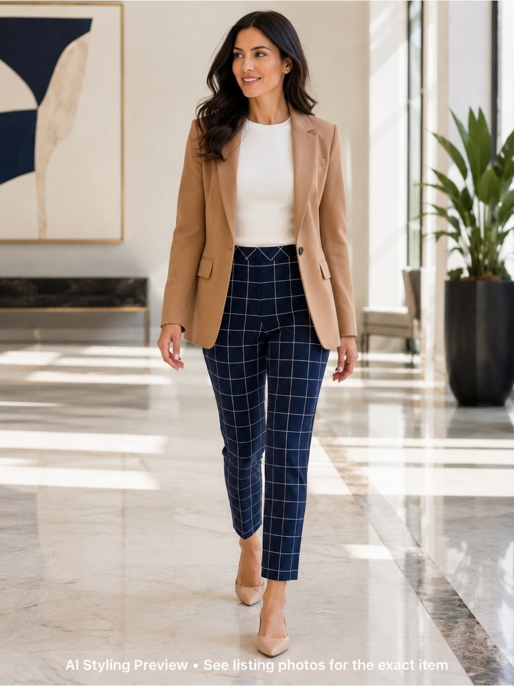 Trina Turk Navy Windowpane Slim Career Trousers US 8 Stretch